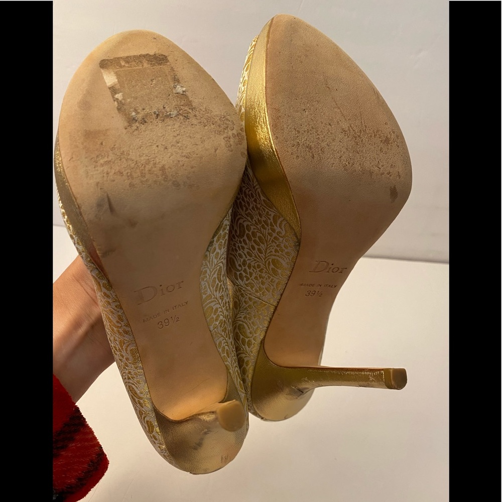 Christian Dior open toe pumps heels fabric leather gold 39.5 - Picture 14 of 14